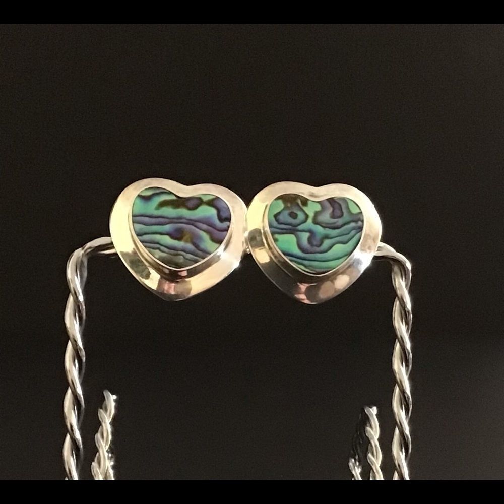 Vintage Sajen Abalone Inlaid Paua Shell Heart Clip On Earrings in 925 Sterling - Picture 1 of 6